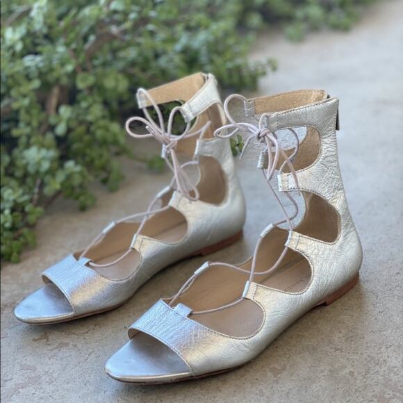LOEFFLER RANDALL Metallic Silver Leather Lace Up Open Toe Strap Sandal Flats 8.5 - Picture 8 of 11